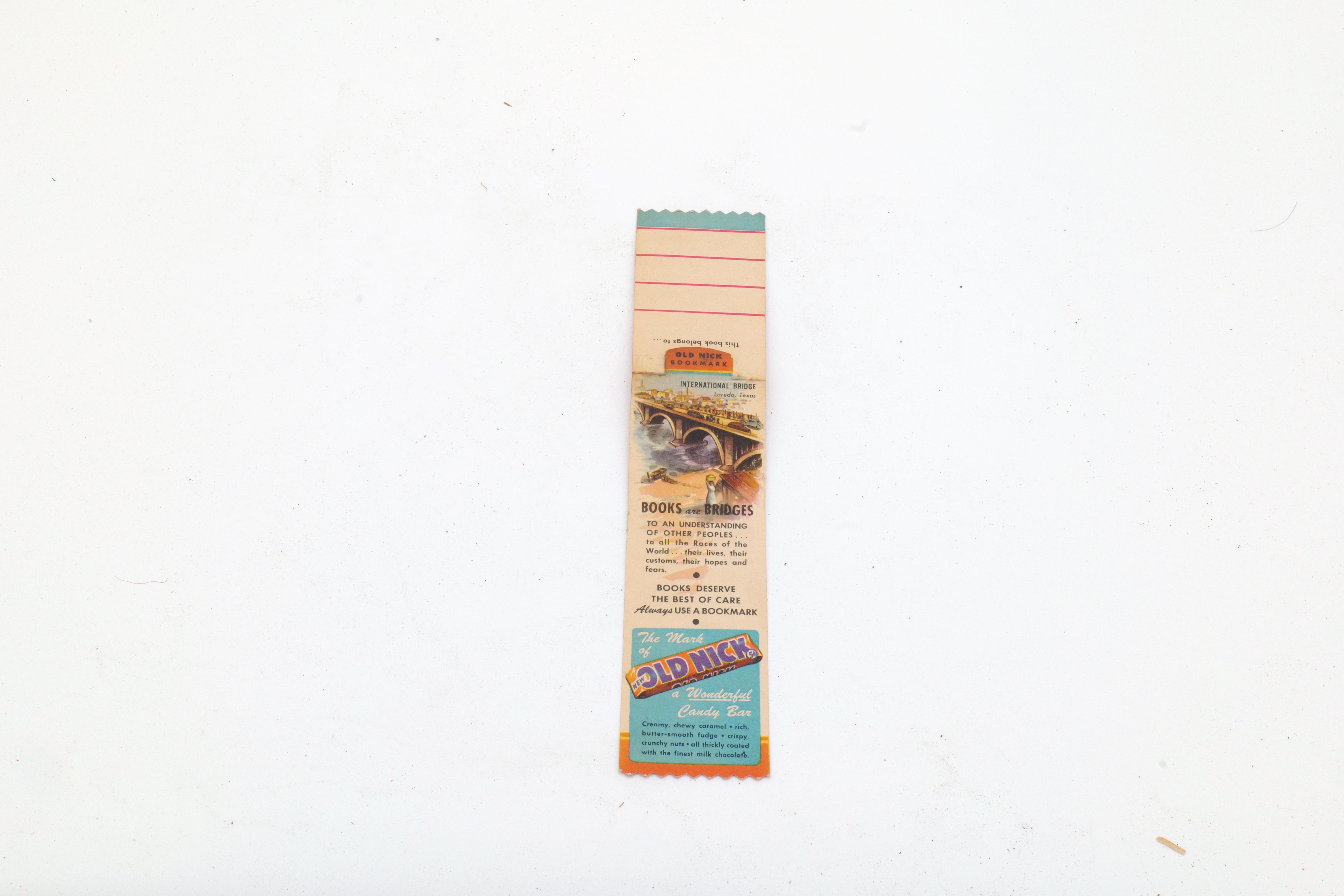Vintage Old Nick Candy Bar Bookmark 1940s International Bridge Theme