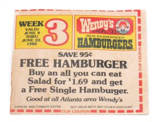 1980 Wendy’s Free Hamburger Coupon Atlanta GA Vintage Ephemera
