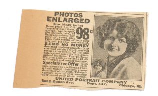 Vintage 1920s United Portrait Co. Chicago Newspaper Ad Clipping 98¢ Photo Enlargements