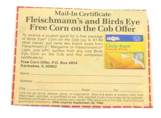 Vintage 1980s Fleischmann’s Birds Eye Free Corn Mail-In Certificate Ephemera