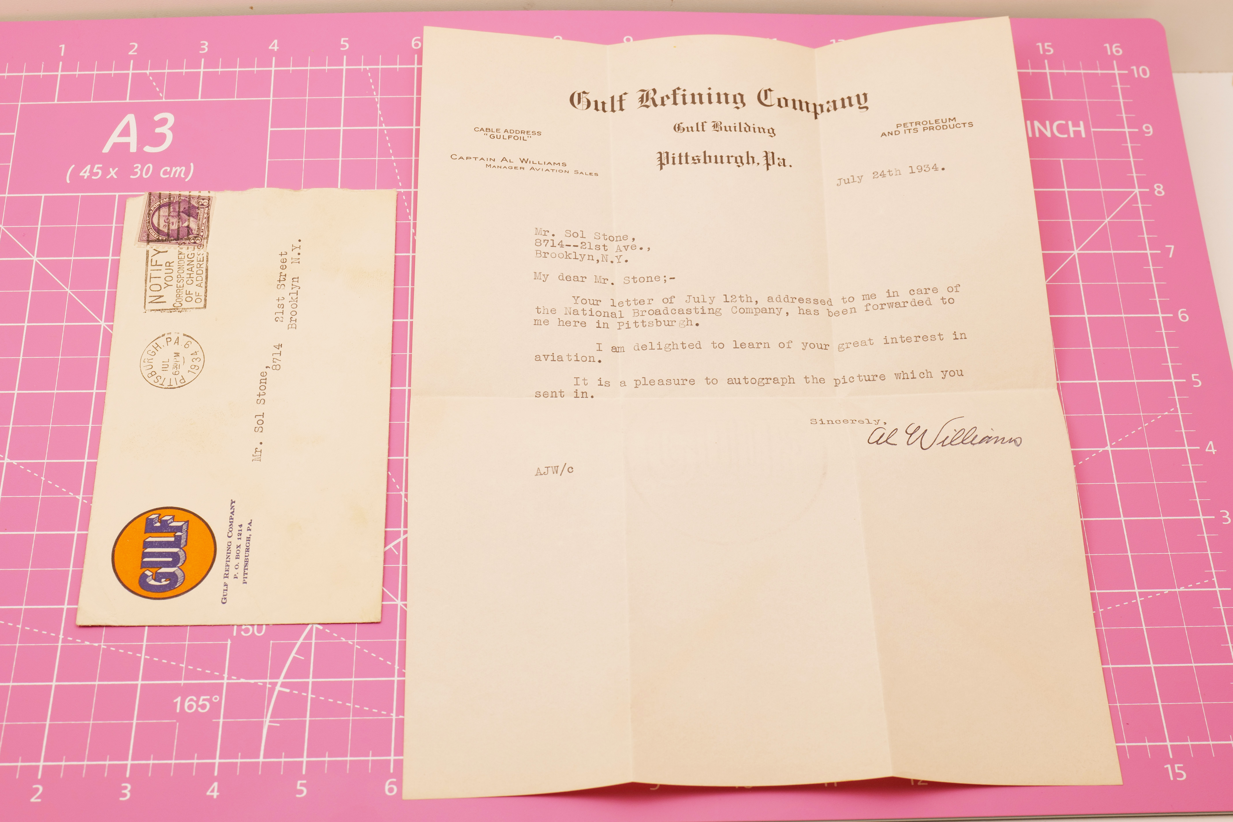 1934 Gulf Refining Co. Signed Letter by Aviator Captain Al Williams w/ Envelope