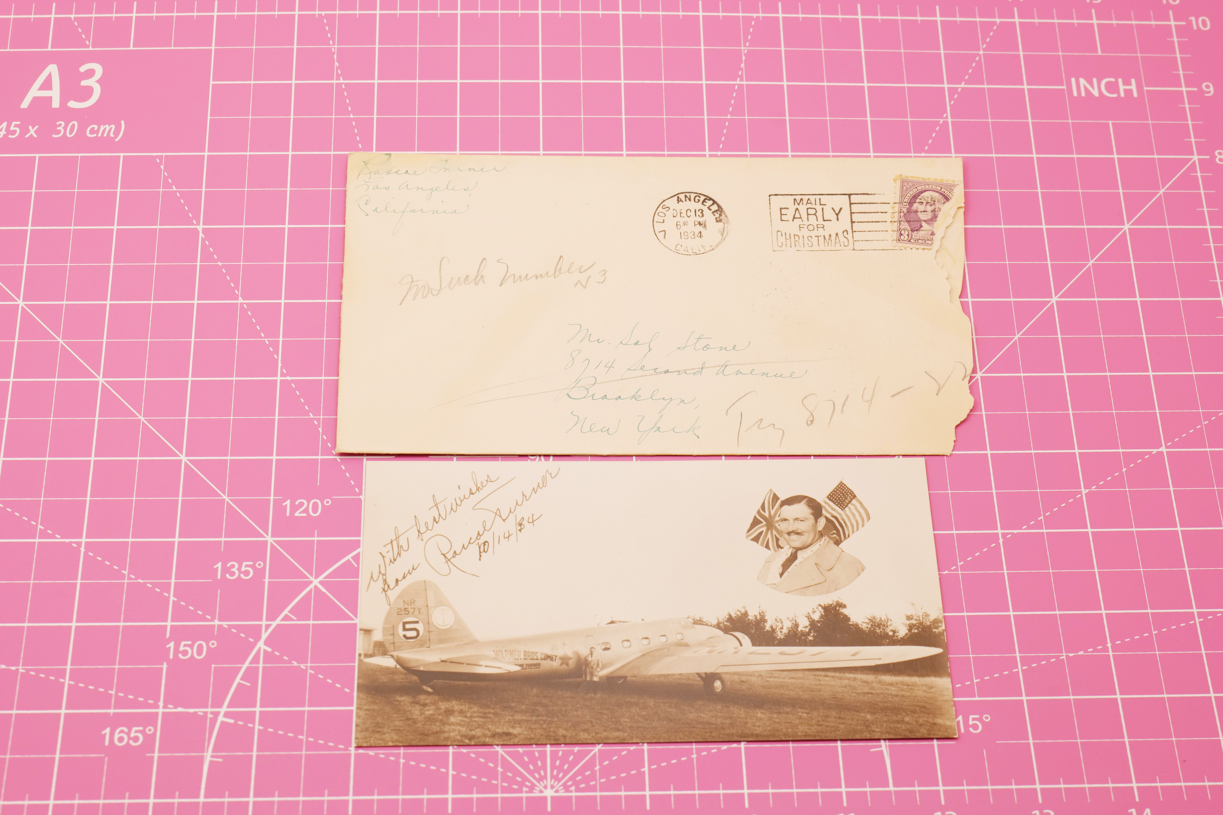 1934 Roscoe Turner Printed Signature Photo Postcard w/ Envelope Aviation