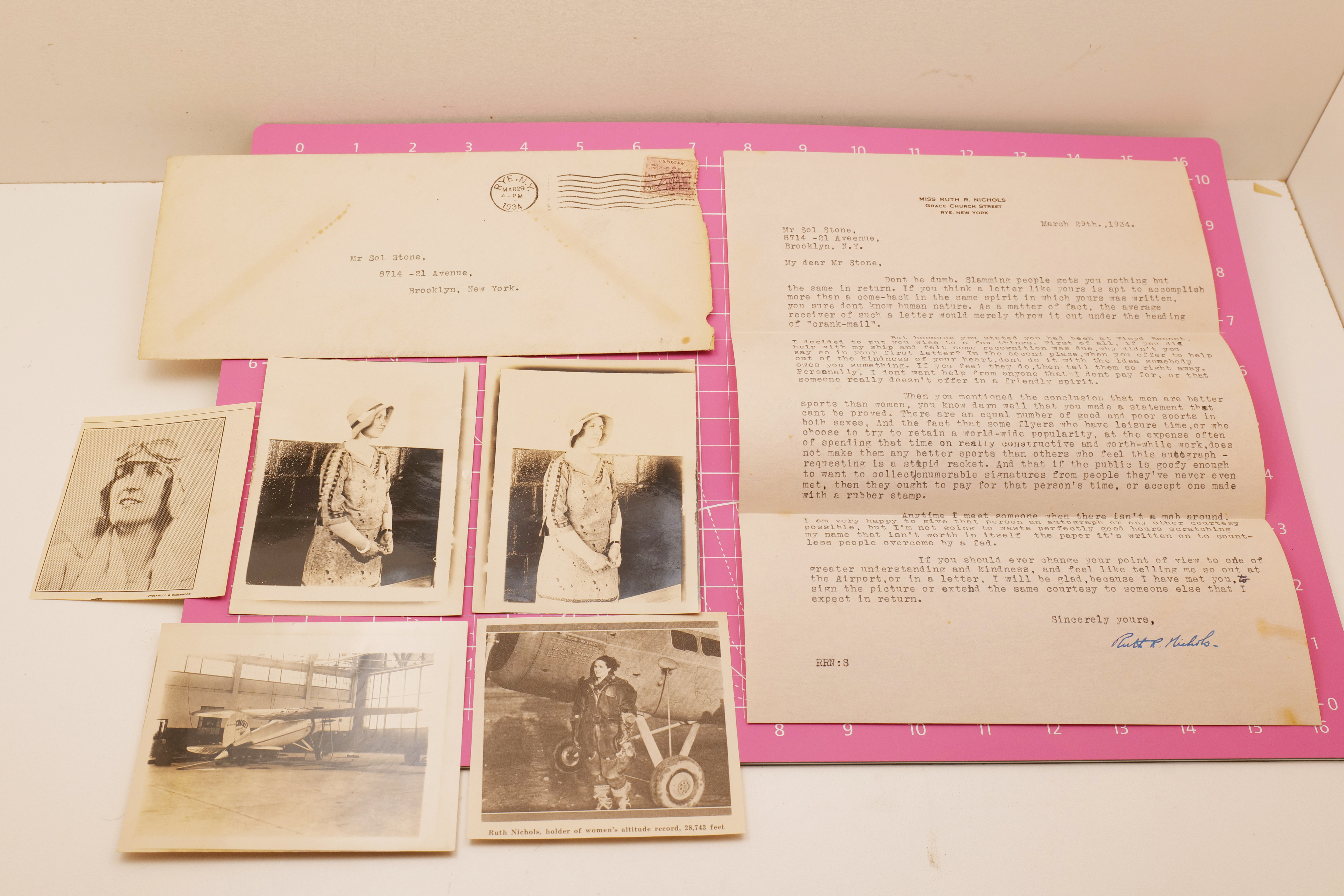 1934 Ruth Nichols Signed Typed Letter w/ Envelope & Photos Aviation Pioneer