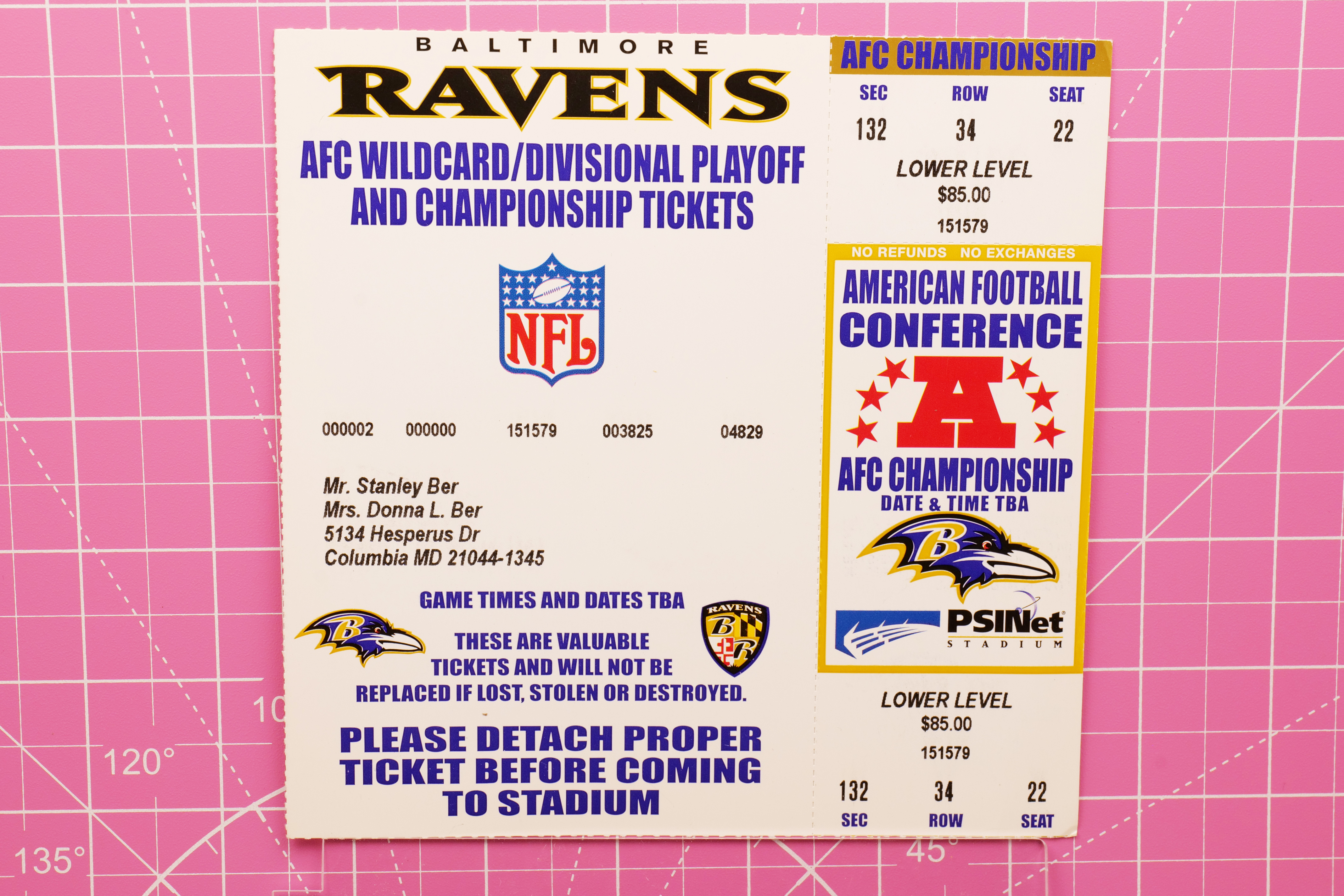 Baltimore Ravens AFC Championship Playoff Ticket 2000s PSL Era PSINet Stadium