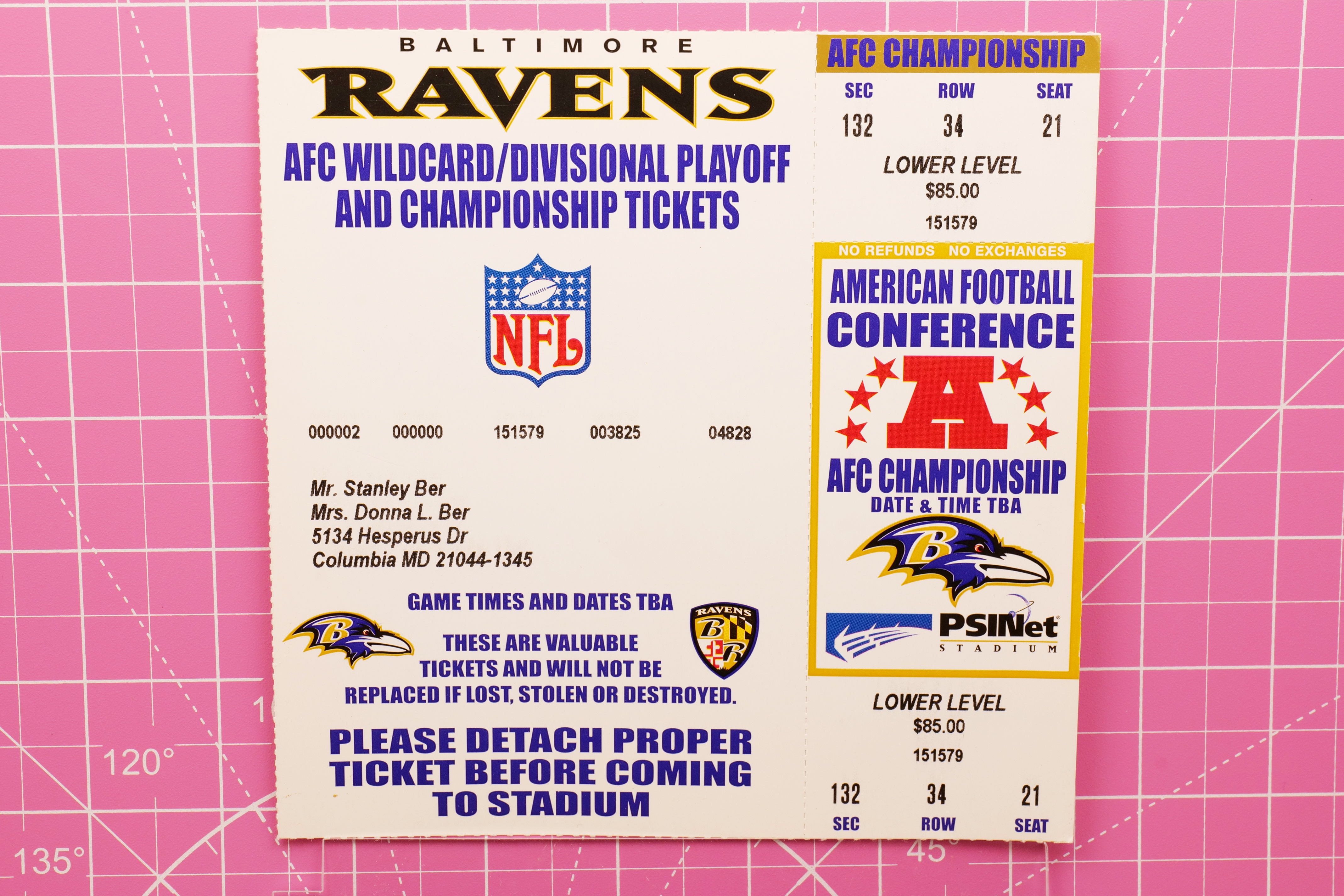 Baltimore Ravens AFC Championship Playoff Ticket PSINet Stadium Section 132 Row 34