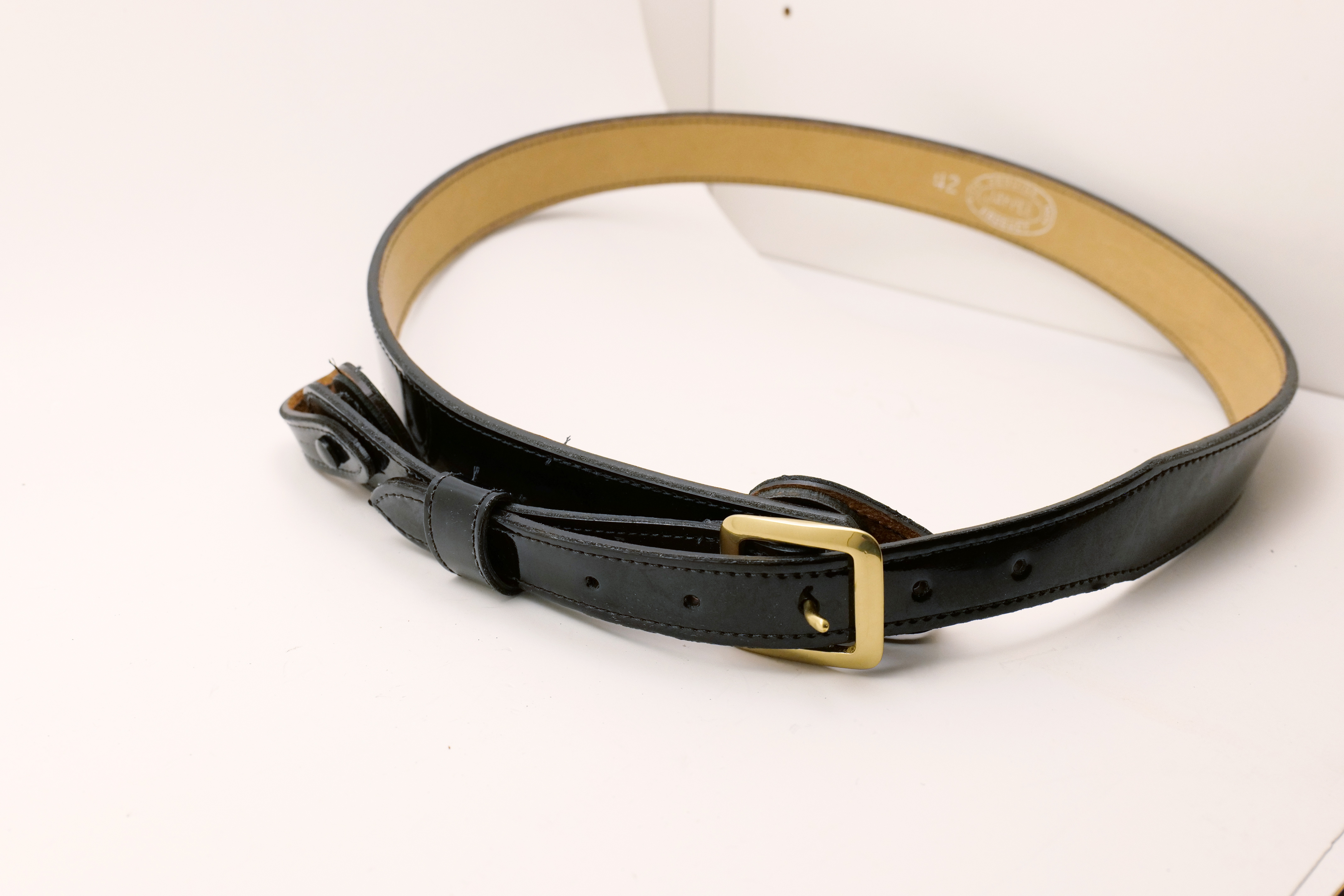 Jay-Pee Leather Sam Browne Duty Belt Black Patent Size 42 Brass Buckle