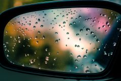 Abstract image of rain drops on car side view mirror